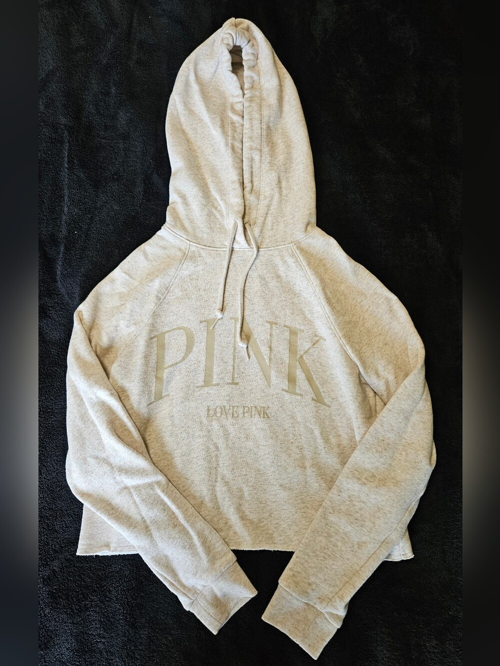 PINK Cropped Hoodie with Large Logo - Light Heather Gray/Tan